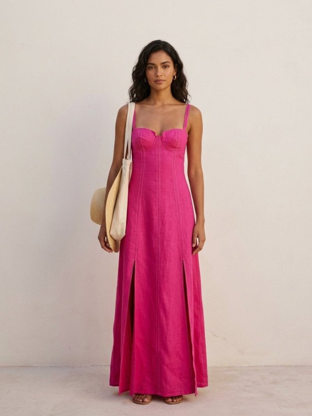NWT Shani Shemer Linen Corset Bustier Maxi Dress Fuchsia Pink Size S